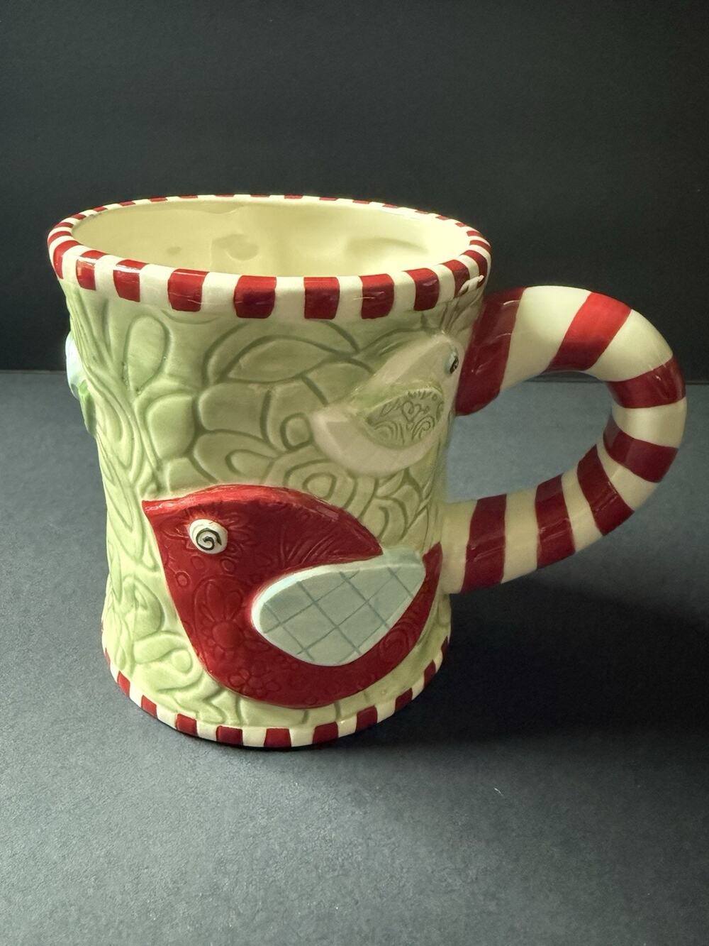 Mud Pie Mug Peace Candy Cane & Birdies Large Coffee Hot Chocolate Cup Whimsy